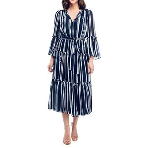 Maison Tara Blue and White Striped Belted Bell Sleeve Midi Dress Size 10